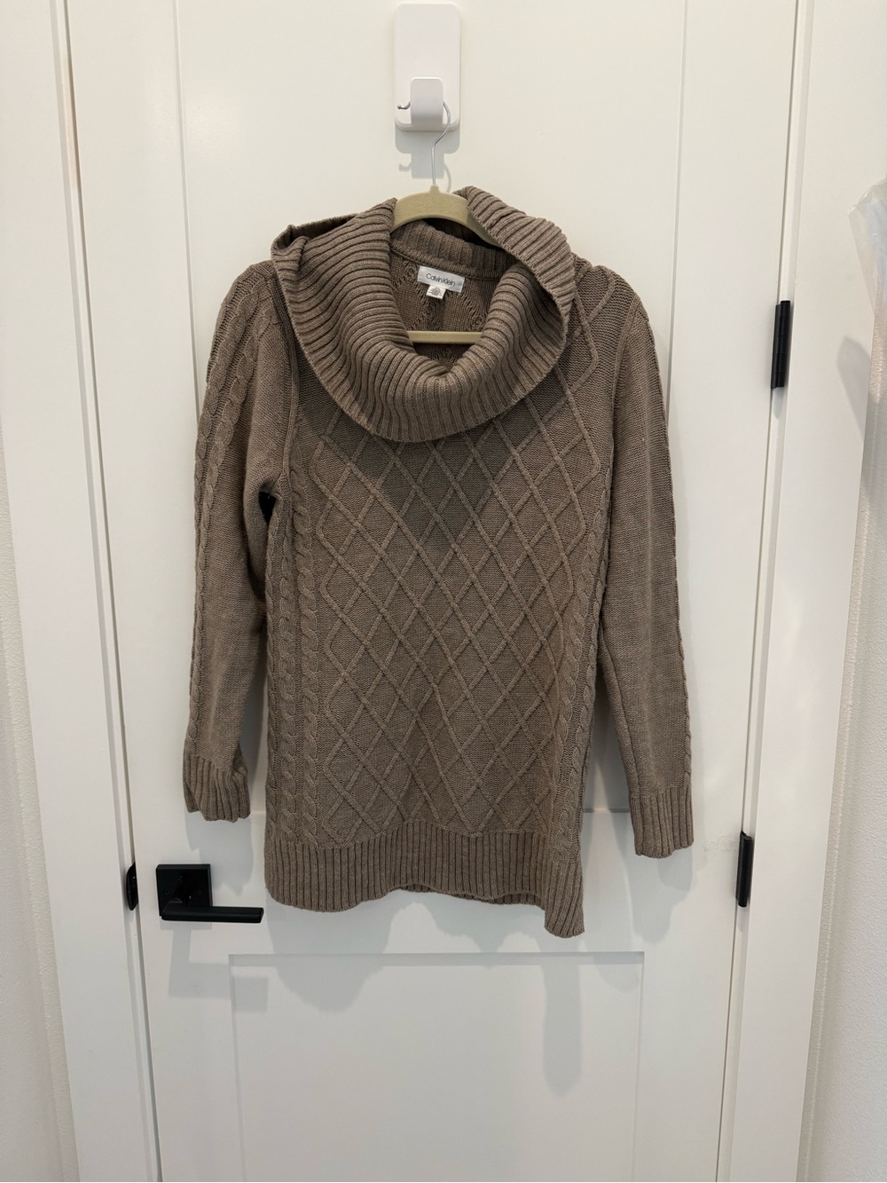 Calvin Klein Taupe Cable Knit Cowl Sweater